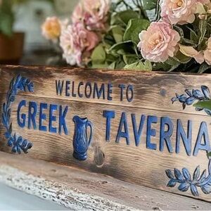 Welcome to Greek Taverna Handpainted Wood Sign - Blue Lettering